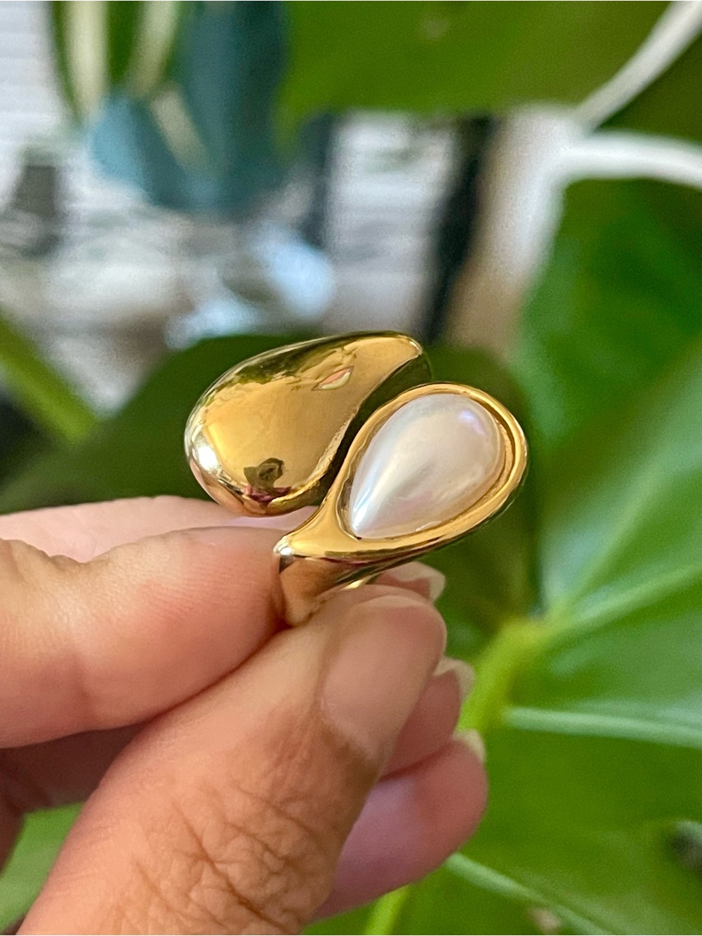 Gold Tone Teardrop Ring with Pearl Accent